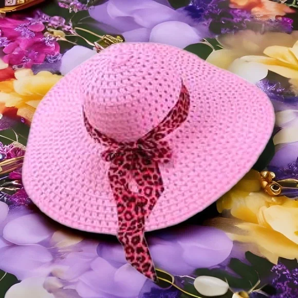 PINK SUN HAT WITH LEOPARD RIBBON - Picture 5 of 7
